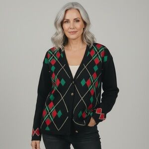Vintage Christopher & Banks Black Cardigan with Red and Green Argyle
